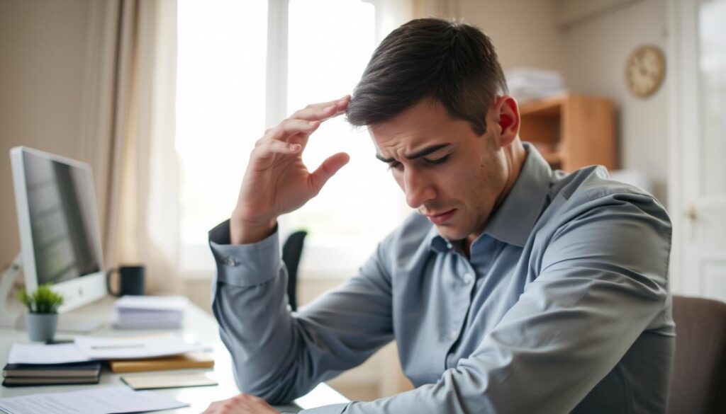 A concerned individual sitting at a desk, rubbing their temples in discomfort to illustrate symptoms of a headache. The foreground features their hand in focus, making it clear they are in distress, with visible tension on their face. In the middle ground, a cluttered workspace with a computer and paperwork represents stress as a common trigger for headaches. In the background, soft natural lighting filters through a window, creating a calm yet tense atmosphere. The room has a neutral color palette, suggesting a serious mood, underscoring the theme of health concern. The individual is dressed in professional attire, portraying the common situation of work-related stress contributing to headaches. The scene captures the essence of headache symptoms in a relatable context.