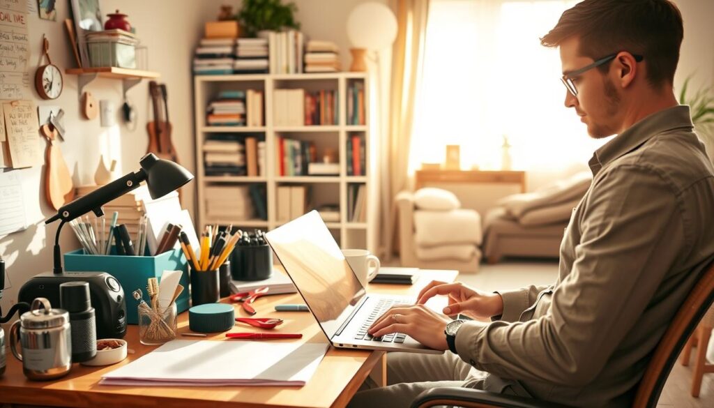 A cozy home office setup with a small desk cluttered with tools for a micro-business, such as baking supplies, crafting materials, or digital equipment for an online venture. In the foreground, a focused individual in smart casual attire is working diligently on their laptop, showcasing determination and creativity. The middle section highlights a well-organized bookshelf filled with business books and inspiration. In the background, a warm, inviting living space with natural light streaming through the window, creating a bright and uplifting atmosphere. Soft shadows cast across the room enhance the cozy feel. The image should evoke a sense of entrepreneurship and possibility, ideal for illustrating a small home-based business thriving in a personal environment.