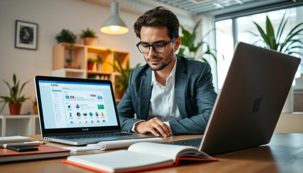 A detailed office setup showcasing the Zoho Mail interface on a sleek laptop screen. In the foreground, a professional in smart casual attire, focusing intently on the laptop, surrounded by stationery and a notepad open with notes. The middle layer features the Zoho Mail interface clearly visible, emphasizing its user-friendly design with a clean layout and vibrant colors. In the background, a bright and organized workspace filled with potted plants and soft ambient lighting, creating an inspiring and productive atmosphere. The mood is focused and efficient, with natural light streaming through a nearby window, enhancing the clarity of the screen and the overall professionalism of the setting. A detailed office setup showcasing the Zoho Mail interface on a sleek laptop screen. In the foreground, a professional in smart casual attire, focusing intently on the laptop, surrounded by stationery and a notepad open with notes. The middle layer features the Zoho Mail interface clearly visible, emphasizing its user-friendly design with a clean layout and vibrant colors. In the background, a bright and organized workspace filled with potted plants and soft ambient lighting, creating an inspiring and productive atmosphere. The mood is focused and efficient, with natural light streaming through a nearby window, enhancing the clarity of the screen and the overall professionalism of the setting.