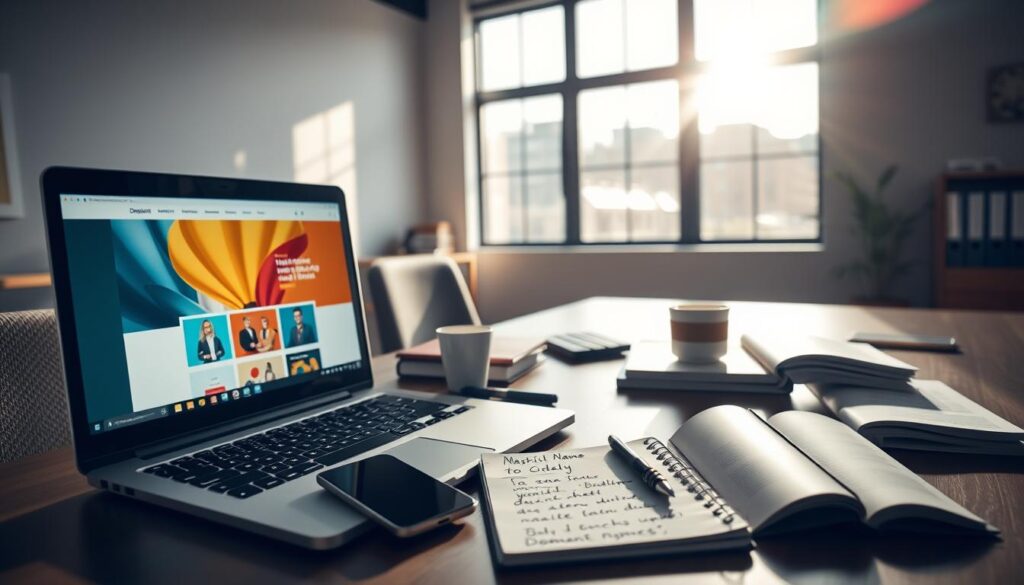 A modern office workspace set up for preparing a domain name and web hosting for a business. In the foreground, a sleek laptop with a vibrant website design displayed on the screen, surrounded by stationery and a smartphone. The middle ground features a stylish desk with digital marketing books, a coffee cup, and a notepad filled with notes about domain names. In the background, a large window allows natural sunlight to pour in, creating a warm and inviting atmosphere. Soft shadows and a slight lens flare add depth. The mood is focused and productive, capturing the essence of a professional business environment preparing for an online presence. A modern office workspace set up for preparing a domain name and web hosting for a business. In the foreground, a sleek laptop with a vibrant website design displayed on the screen, surrounded by stationery and a smartphone. The middle ground features a stylish desk with digital marketing books, a coffee cup, and a notepad filled with notes about domain names. In the background, a large window allows natural sunlight to pour in, creating a warm and inviting atmosphere. Soft shadows and a slight lens flare add depth. The mood is focused and productive, capturing the essence of a professional business environment preparing for an online presence.