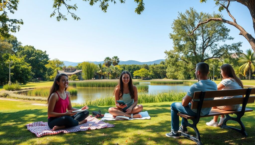 A serene outdoor setting depicting practical steps for maintaining mental health among teenagers. In the foreground, a diverse group of teenagers engaged in various activities: one practicing mindfulness by meditating under a tree, another journaling on a picnic blanket, and a third chatting with a friend while sitting on a bench. The middle ground features lush greenery and a calming pond, while the background showcases a clear blue sky and distant hills. Soft, natural lighting highlights the joyful expressions of the teens, conveying a sense of tranquility and connection. The overall mood is uplifting and supportive, emphasizing community and self-care practices. No text or symbols are included.