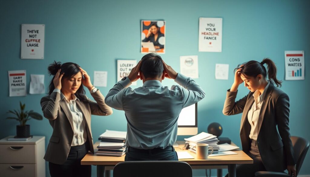 A serene yet informative composition depicting common headache triggers. In the foreground, a diverse group of three individuals dressed in professional business attire, one experiencing discomfort while holding their temples, embodying stress and fatigue. The middle ground features common headache-inducing elements: a bright computer screen, cluttered desk with paperwork, low lighting suggesting long work hours, and a coffee cup. In the background, a calming blue wall with motivational posters, hinting at an office setting. The scene is illuminated by soft, diffused lighting, creating a contrast between the chaotic foreground and a peaceful, organized background. The overall mood reflects a mix of stress and professionalism, perfect for illustrating headache causes.