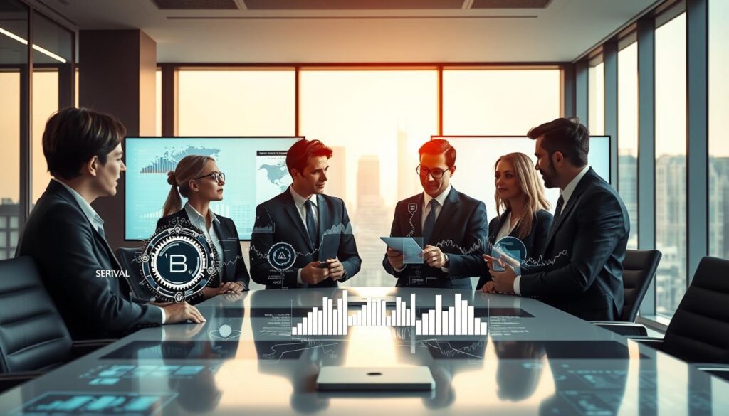 A professional business environment showcasing the challenges of implementing big data in enterprises. In the foreground, a diverse group of business professionals in formal attire are engaged in a discussion around a sleek conference table, analyzing digital data visualizations displayed on multiple screens. In the middle ground, illustrations of data streams and graphs represent the complexities and challenges of big data integration. The background features a modern office skyline with large windows letting in soft, natural light that creates a bright and optimistic atmosphere. The image should be captured from a slightly elevated angle, emphasizing collaboration and strategic planning, while maintaining a professional, focused mood.
